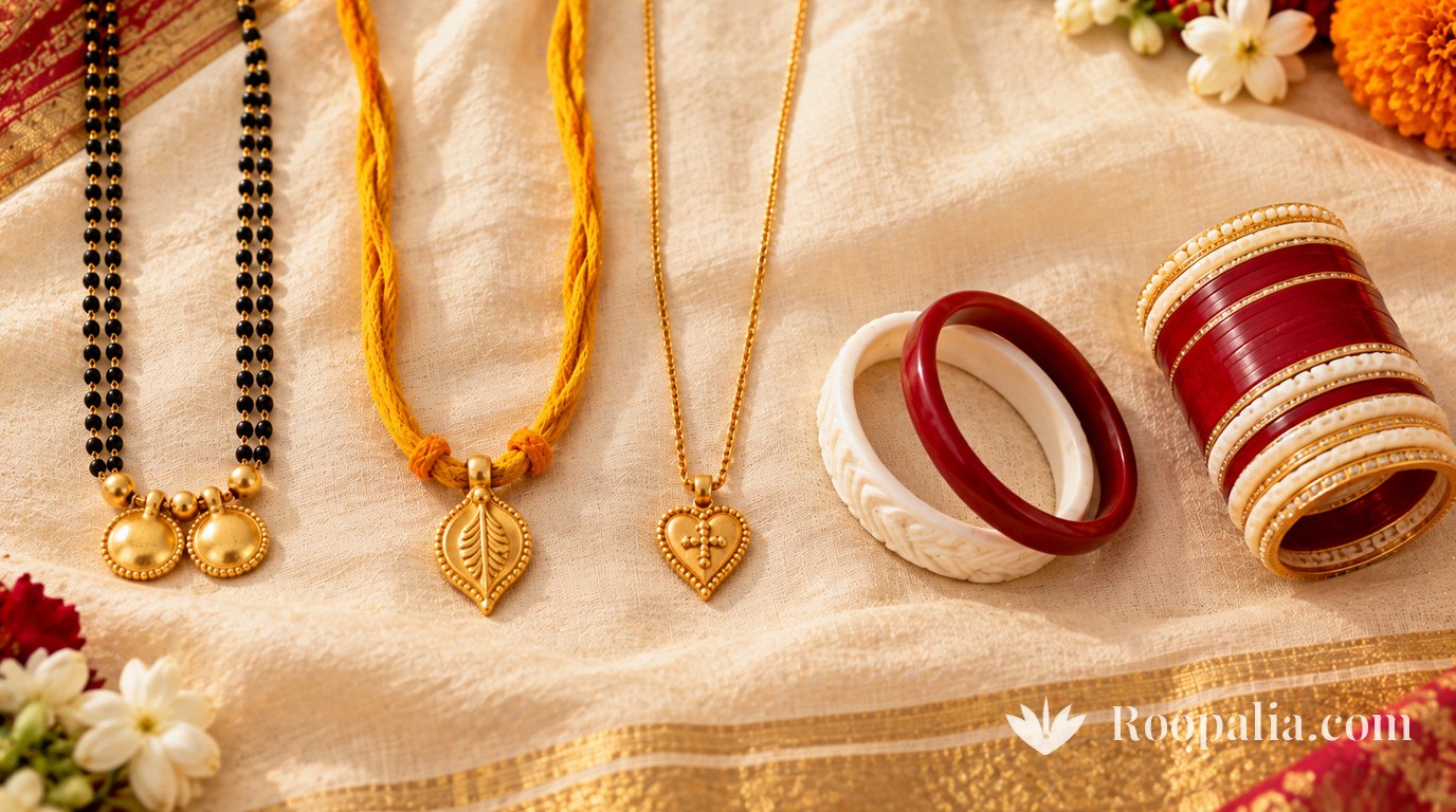 Five regional Indian marriage ornaments laid side by side, including a two-cup mangalsutra, a Tamil thali, a Kerala minnu with a cross, and conch and coral bangles.