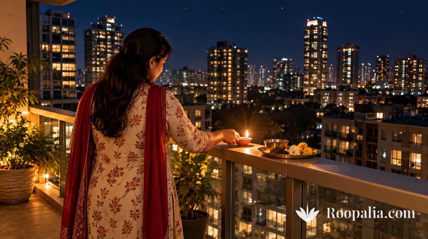 An Indian woman in a kurta seen from behind placing a clay lamp on a high-rise apartment balcony railing at night beside a plate of sesame and flowers, city towers behind under a moonless sky &mdash; AI-generated image (Roopalia)