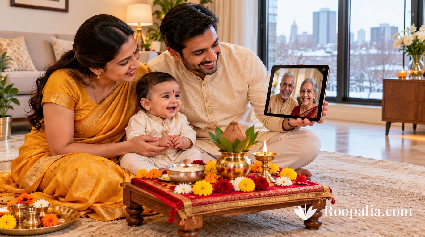 भारत से बाहर एक अपार्टमेंट में दरी पर बैठे माता-पिता और बच्चा, सामने सजी चौकी पर कलश, दीपक और खीर, पिता के हाथ में टैबलेट पर वीडियो कॉल में मुस्कुराते दादा-दादी, खिड़की के बाहर बर्फ़ वाला शहर — AI-निर्मित चित्र (Roopalia)