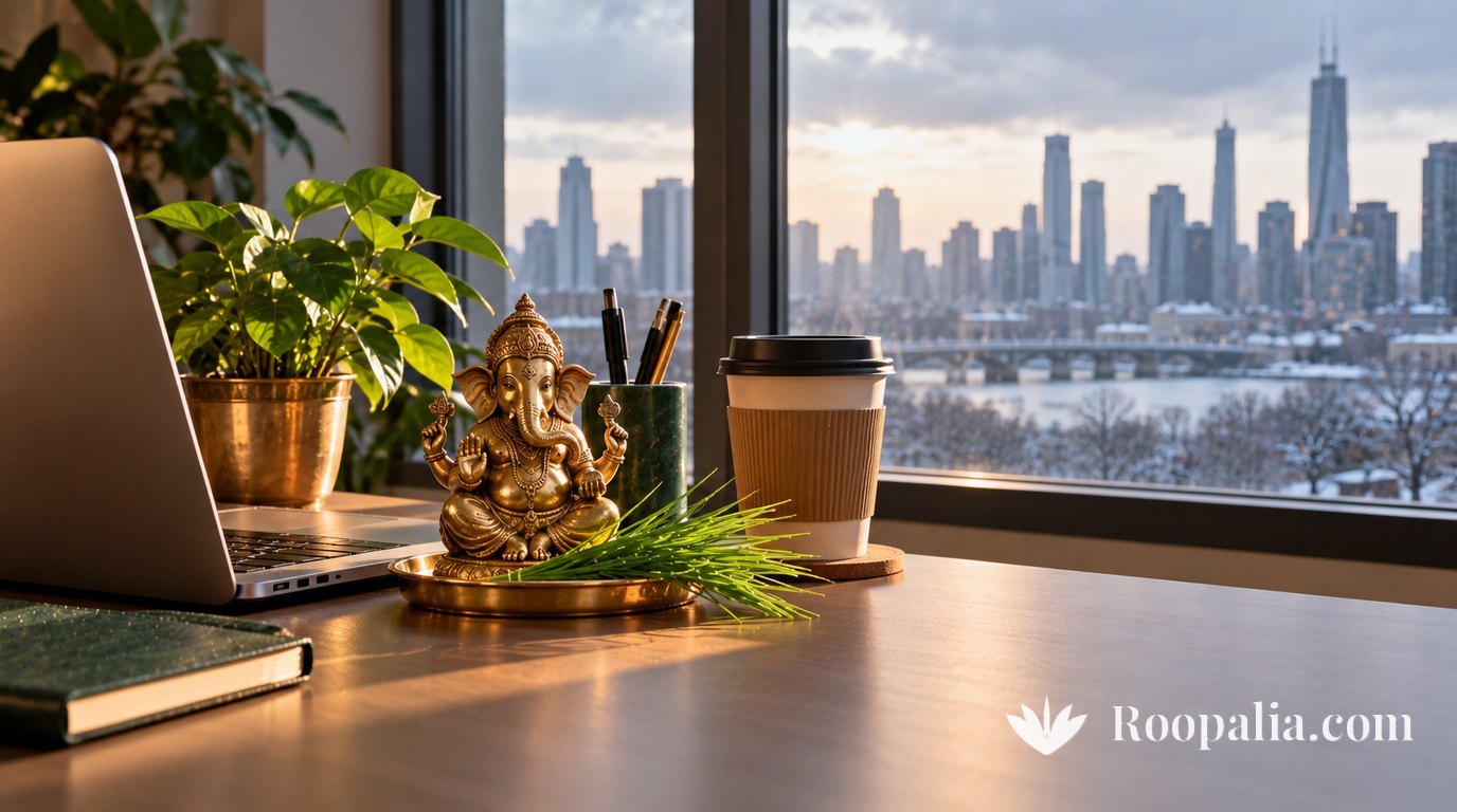 A high-floor office desk with a laptop, a small brass Ganesha on a tray with durva, a coffee cup, and a snow-covered city skyline through the window — AI-generated illustration (Roopalia)