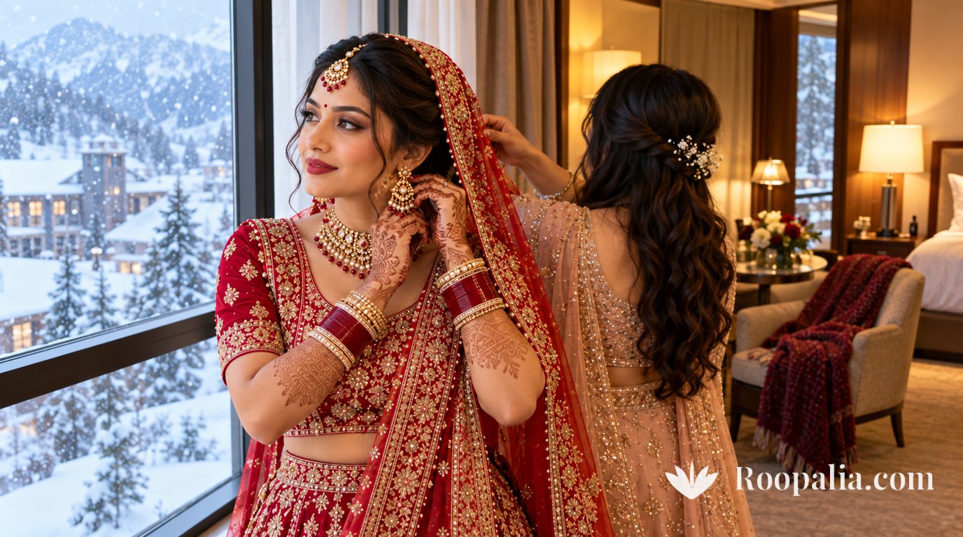 An Indian bride in a red lehenga fastening an earring by a hotel window with snow falling outside, while a bridesmaid seen from behind adjusts her dupatta — AI-generated image (Roopalia)