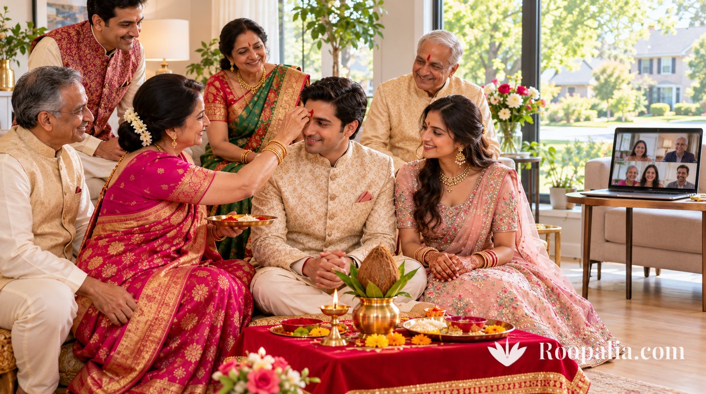 In a bright living room outside India, an older woman in a pink saree applies a tilak to a young man seated before a red-covered table with a kalash, lamp and plate, his fiancée smiling beside him and relatives joining on a laptop video call &mdash; AI-generated image (Roopalia)