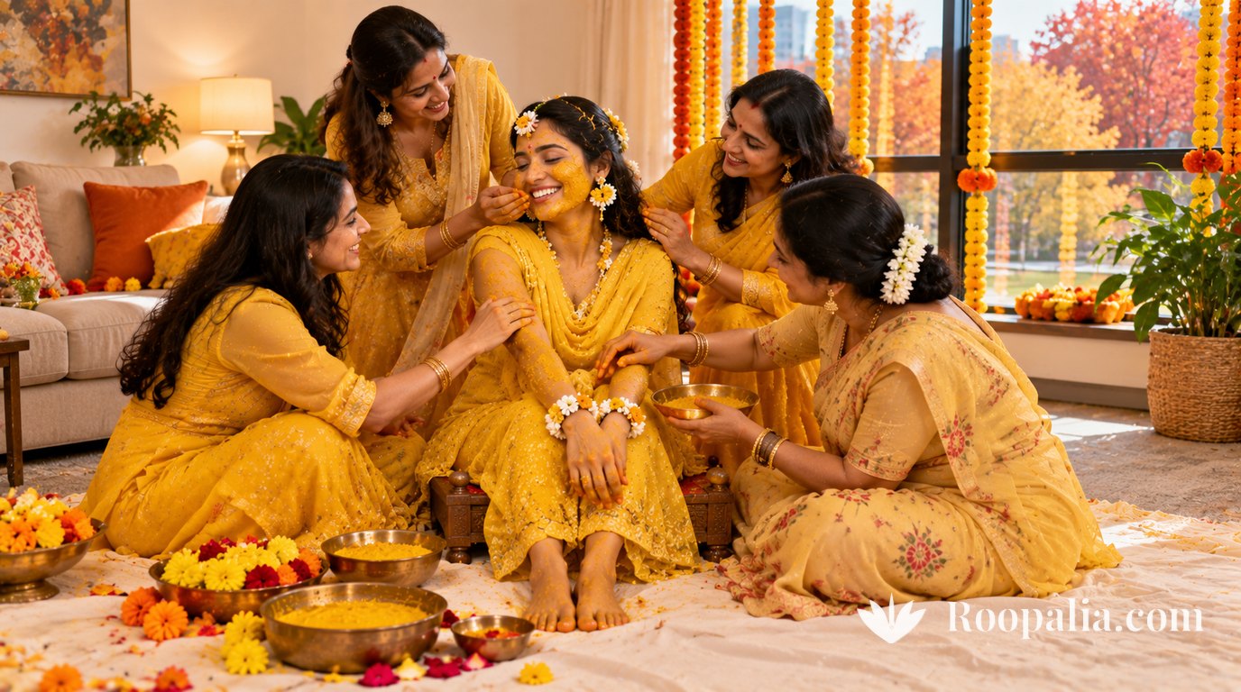 Women in yellow applying turmeric paste to a smiling bride seated on a low wooden stool in an apartment living room, a white sheet spread on the floor and autumn trees outside a large window &mdash; AI-generated image (Roopalia)