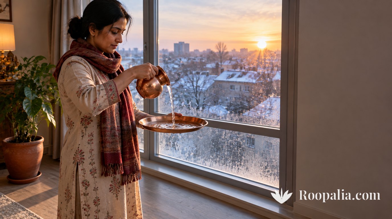 A woman in a shawl pouring water from a copper lota into a wide copper plate at a large apartment window on a winter morning, snow-covered rooftops and a low pale sun outside, a potted plant beside her on the floor &mdash; AI-generated image (Roopalia)