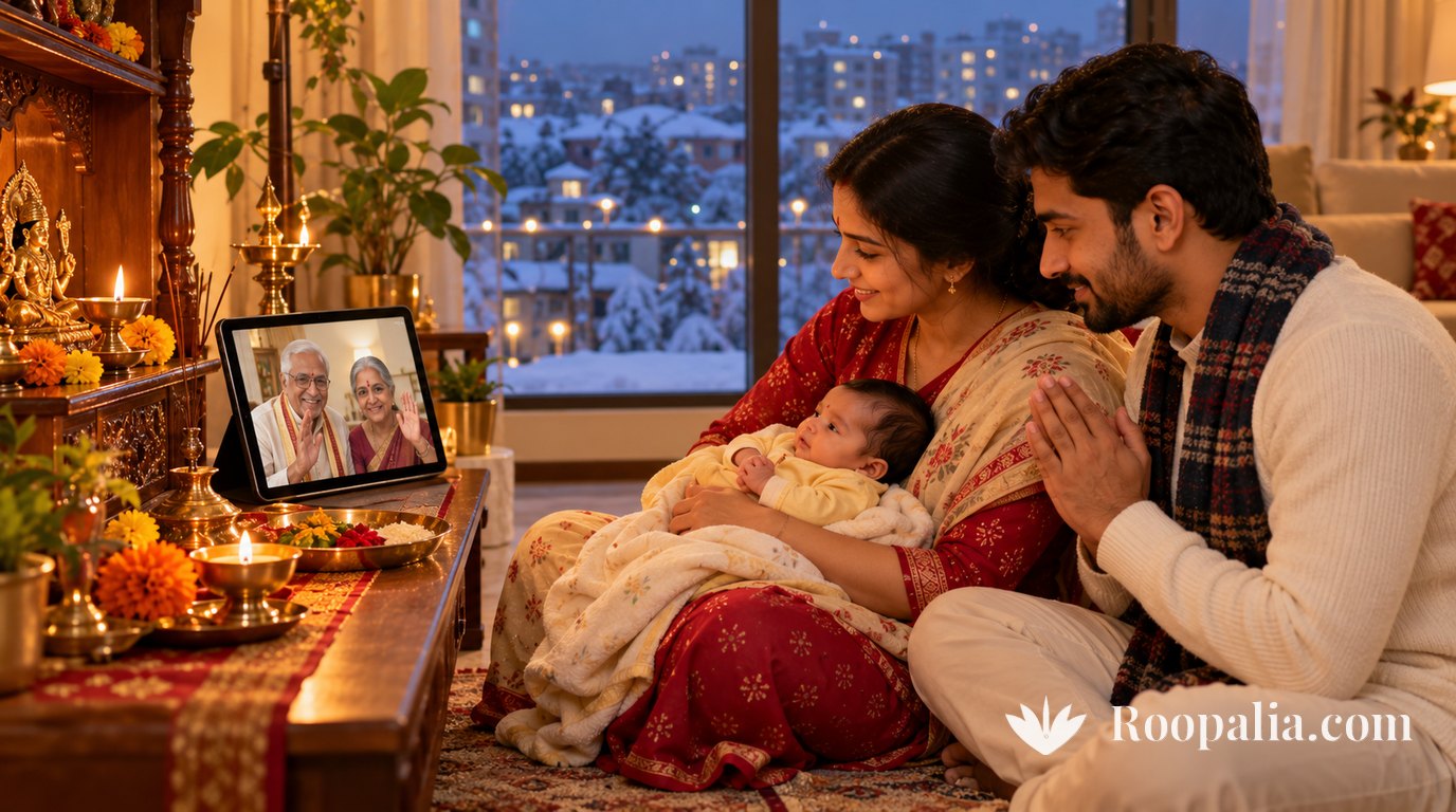 A young couple holding their newborn sit before a home puja shelf on a winter evening, a tablet showing smiling grandparents raising their hands in blessing, a snowy city outside the window &mdash; AI-generated image (Roopalia)