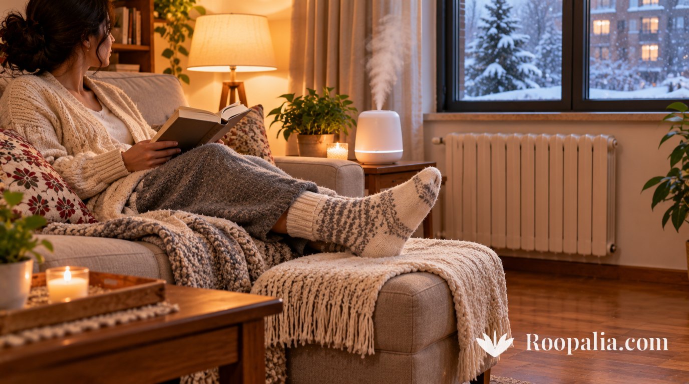 A woman in woollen socks and a cardigan reading on a sofa in a winter apartment, a humidifier misting beside her, a radiator under the window and snow outside — AI-generated image (Roopalia)