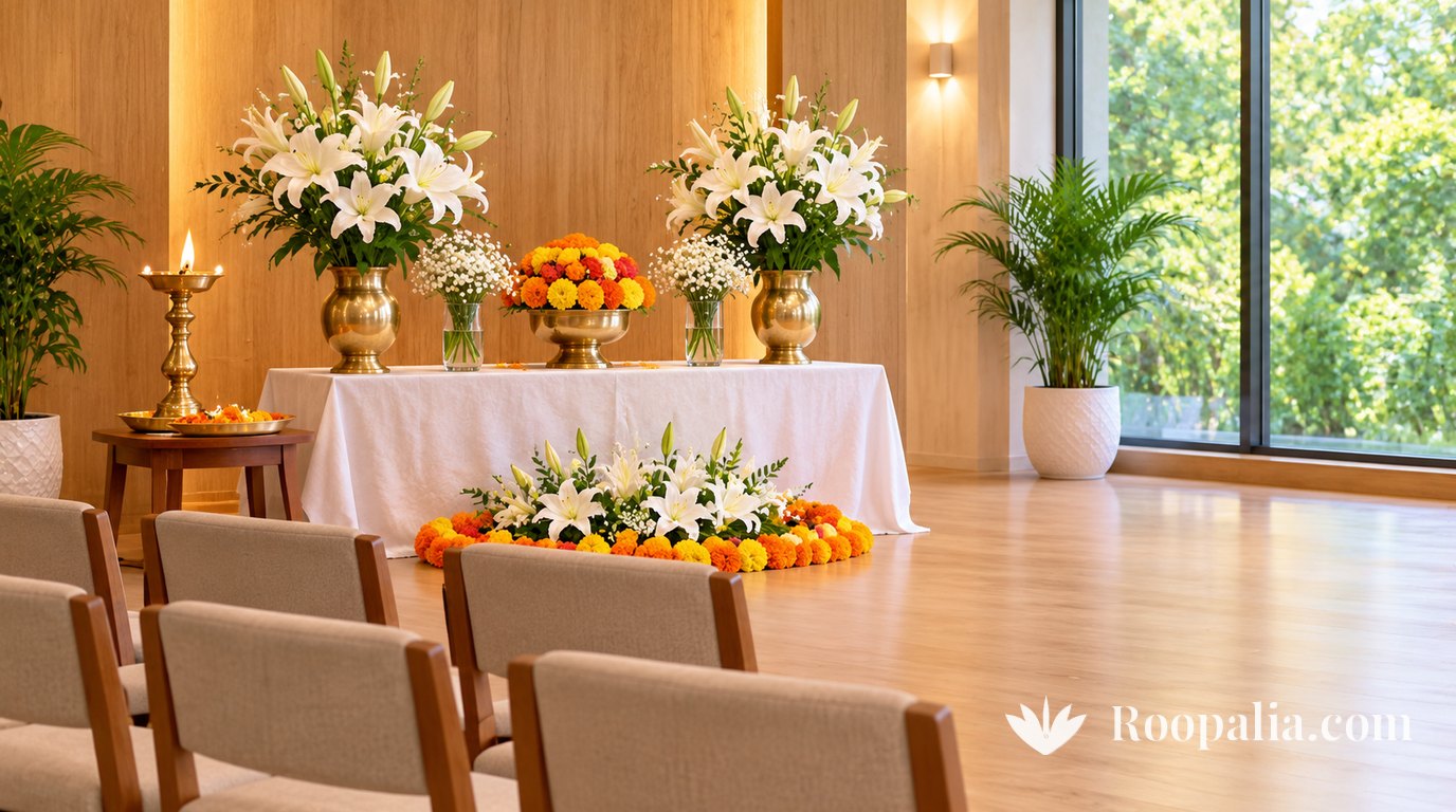A calm memorial room with light wooden walls, white lilies and marigolds on a table with a white cloth, a tall lit brass lamp, rows of chairs and a large window onto green trees &mdash; AI-generated image (Roopalia)