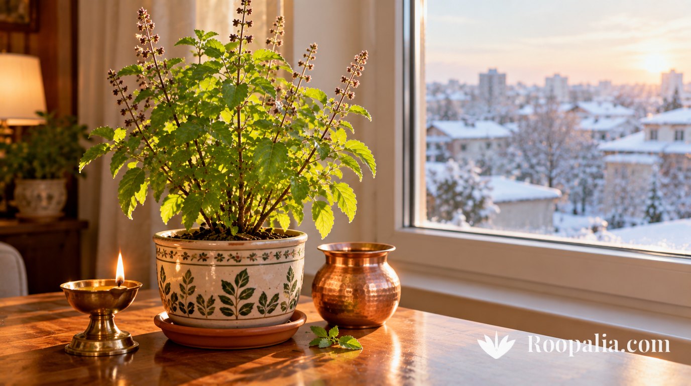 A healthy tulsi plant in a ceramic pot on a wooden table by a sunny apartment window in winter, a brass diya and copper lota beside it, snowy rooftops outside — AI-generated image (Roopalia)