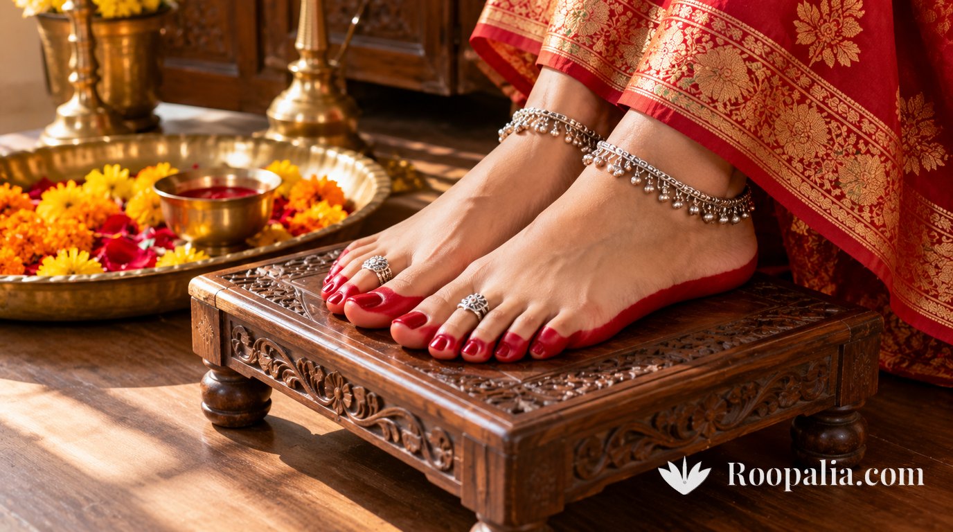 Feet with red alta resting on a carved wooden chowki, silver toe rings on the second toes and silver ghungroo anklets, a brass plate of marigolds and a red saree border behind &mdash; AI-generated image (Roopalia)