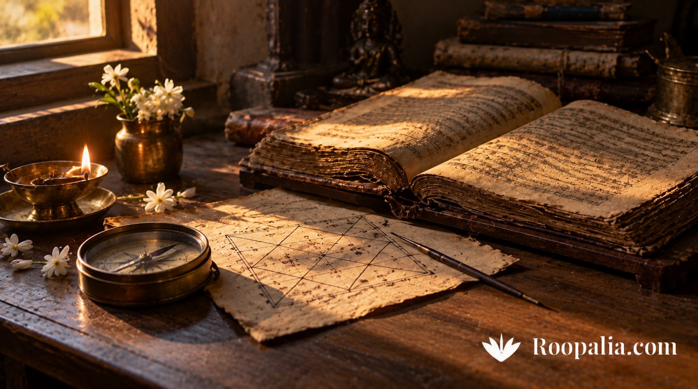 An open Sanskrit manuscript beside a hand-drawn nine-by-nine grid, a brass compass and an oil lamp — AI-generated image (Roopalia)