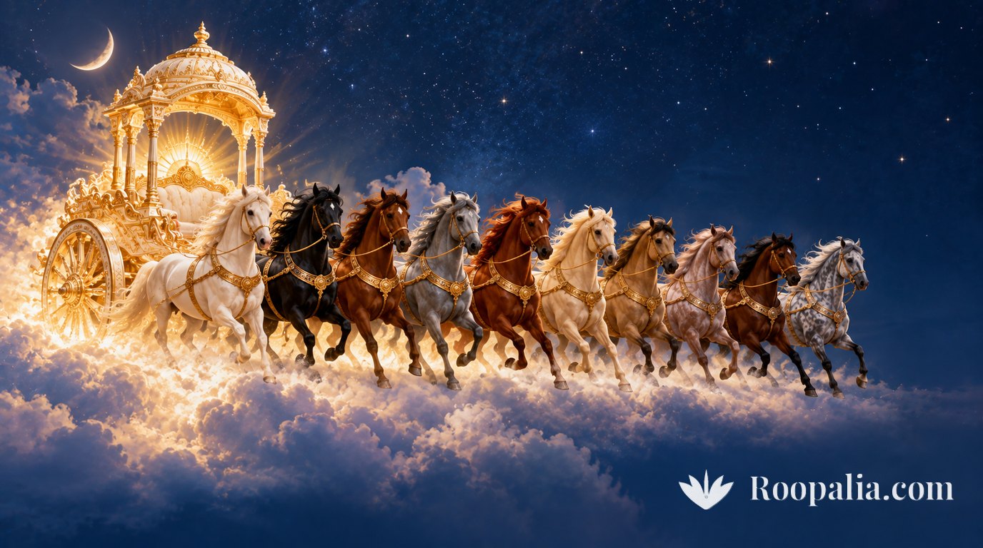 A golden chariot drawn by ten horses of ten different colours crossing a star-filled night sky, a crescent moon at the upper left — AI-generated illustration (Roopalia)