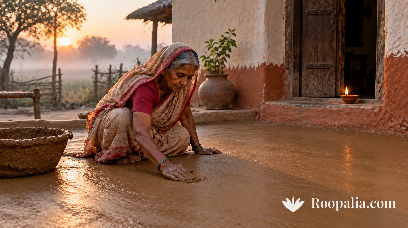 An elderly village woman kneeling at dawn, smoothing a freshly cow-dung-plastered mud courtyard with her bare hand, a mud-walled house behind her and a small lamp on the threshold &mdash; AI-generated image (Roopalia)