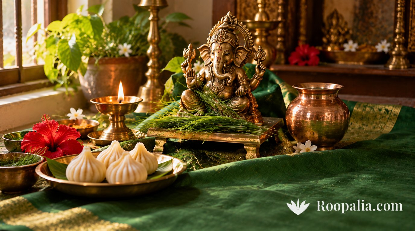 A brass Ganesha idol on green cloth with a bundle of durva grass before it, modaks on a brass plate, a copper pot and a lit oil lamp beside a sunlit window — AI-generated image (Roopalia)