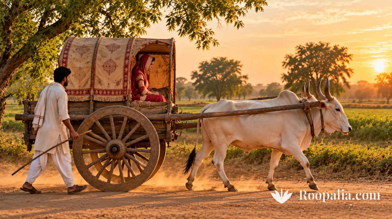 धूल भरी गाँव की सड़क पर बग़ल से दिखती बैलगाड़ी, जुए में जुता सफ़ेद बैल, छप्पर के नीचे बैठी लाल साड़ी में स्त्री और साथ चलता सफ़ेद कुरते में पुरुष — AI-निर्मित चित्र (Roopalia)