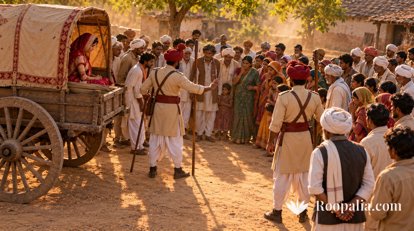 गाँव की सड़क पर जुटी भीड़ के बीच दो सिपाही लंबी लाठियाँ लिए खड़े हैं, एक हाथ उठाकर शांत रहने का इशारा कर रहा है, बाईं ओर बग़ल से खड़ी बैलगाड़ी में बैठी स्त्री — AI-निर्मित चित्र (Roopalia)