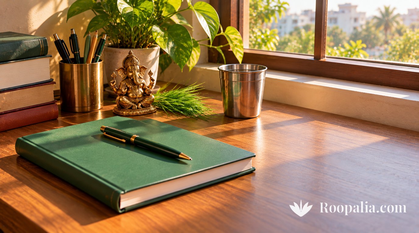 A completely blank green-covered notebook with a pen across it on a wooden desk by a sunlit window, a small brass Ganesha, durva blades and a steel glass beside it — AI-generated illustration (Roopalia)