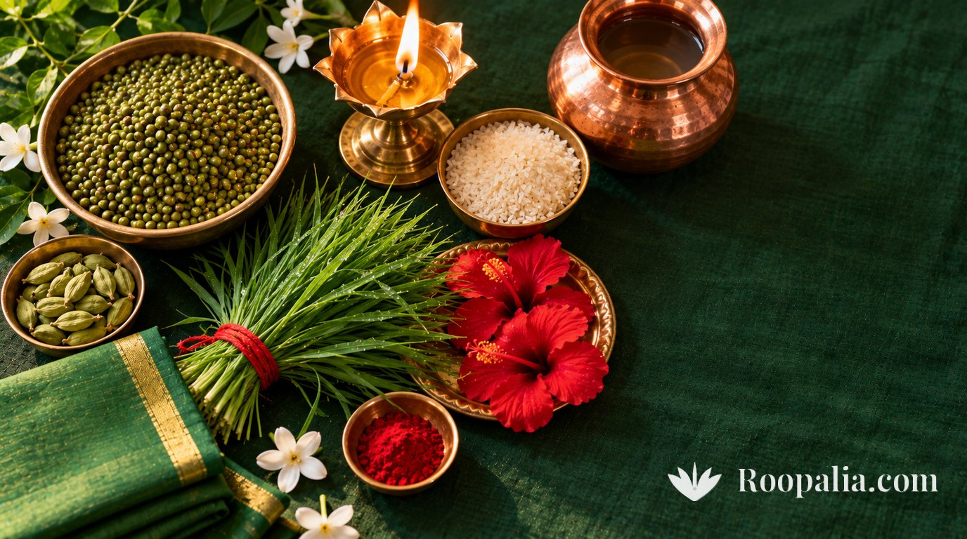 हरे कपड़े पर सजी बुधवार की पूजा सामग्री — ताँबे के पात्र में मूँग, चावल, इलायची, कुमकुम, लाल गुड़हल, दूर्वा का गुच्छा, जलता दीपक और ताँबे का कलश — AI-निर्मित चित्र (Roopalia)