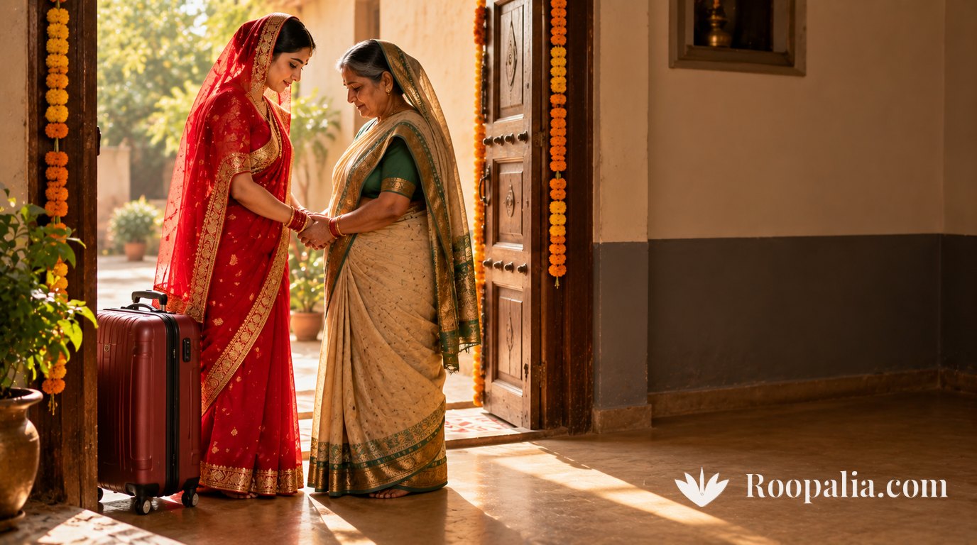 At a doorway hung with marigold strings, a young woman in a red sari and an older woman in a cream sari hold hands, a suitcase beside them — AI-generated illustration (Roopalia)