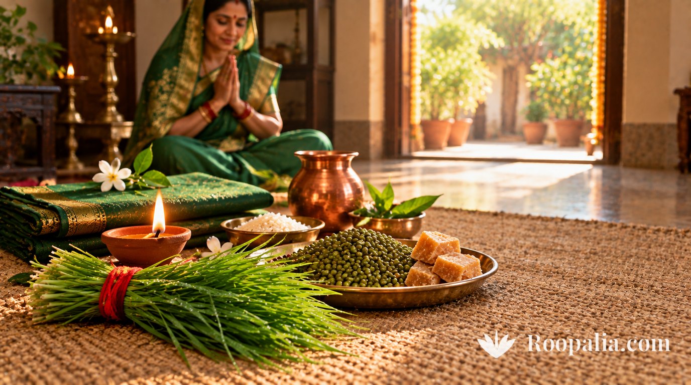 A woman in a green sari sits with folded hands on a mat; in front of her a plate of whole green moong and jaggery, folded green cloth, a bundle of durva, an oil lamp and a copper pot — AI-generated illustration (Roopalia)