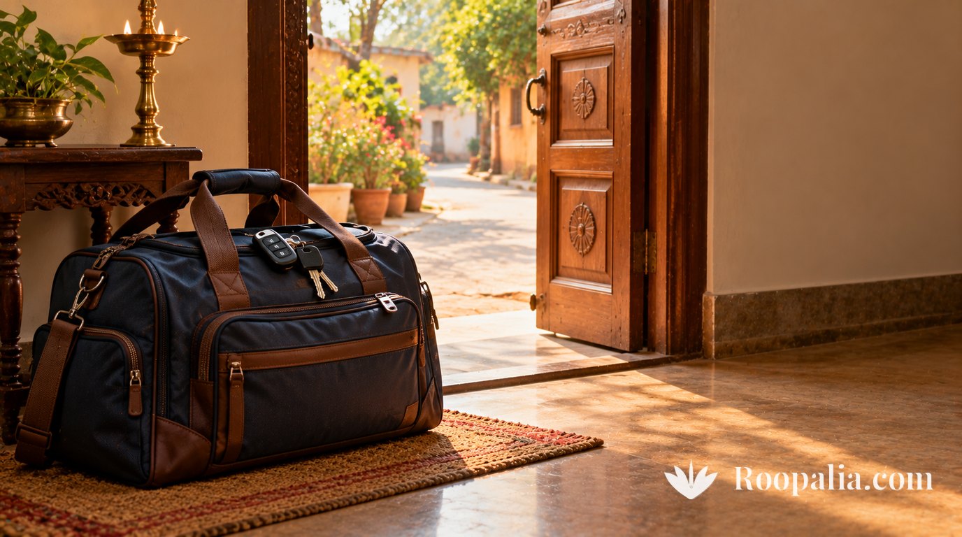 A travel bag with keys on top rests on a mat by an open wooden door, a brass lamp stand and tulsi plant nearby, warm light outside — AI-generated illustration (Roopalia)