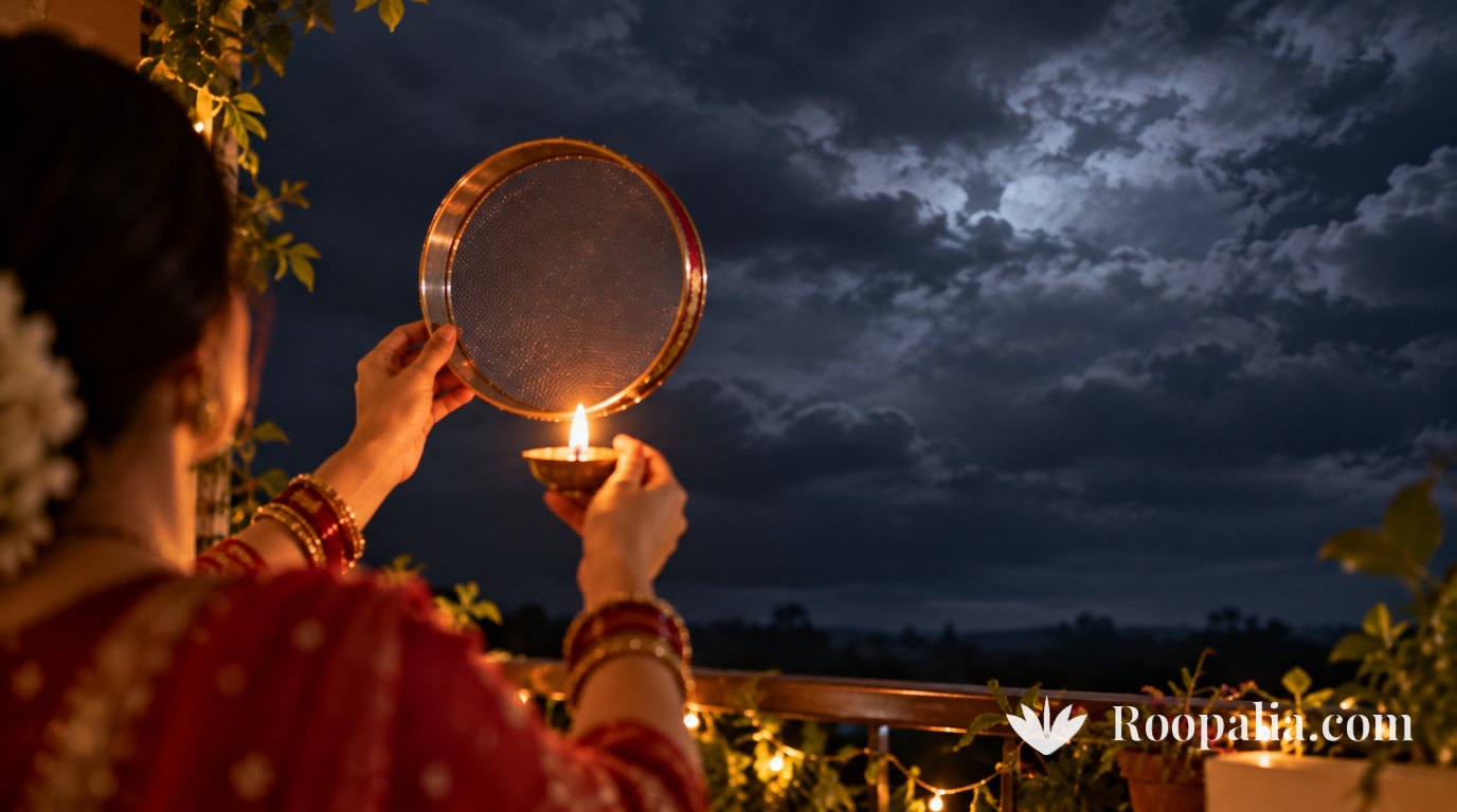 The view from an apartment balcony at night — thick cloud over an unplaceable horizon and no moon; in the blurred foreground a woman's hands hold a small steel sieve and a lit diya, waiting. AI-generated image (Roopalia)