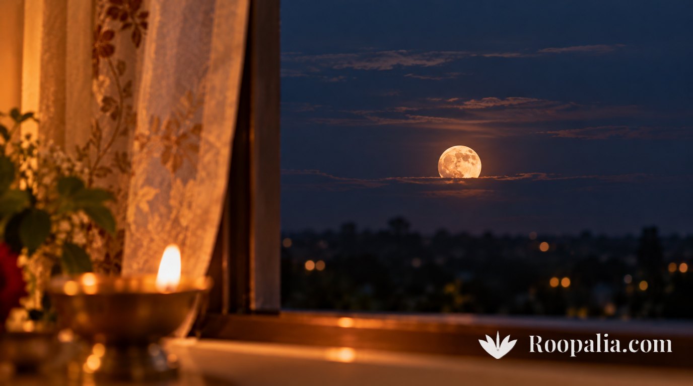 A moon rising low over a blurred horizon, seen from an apartment window with a sheer curtain drawn aside and a small brass diya out of focus on the sill. AI-generated image (Roopalia)