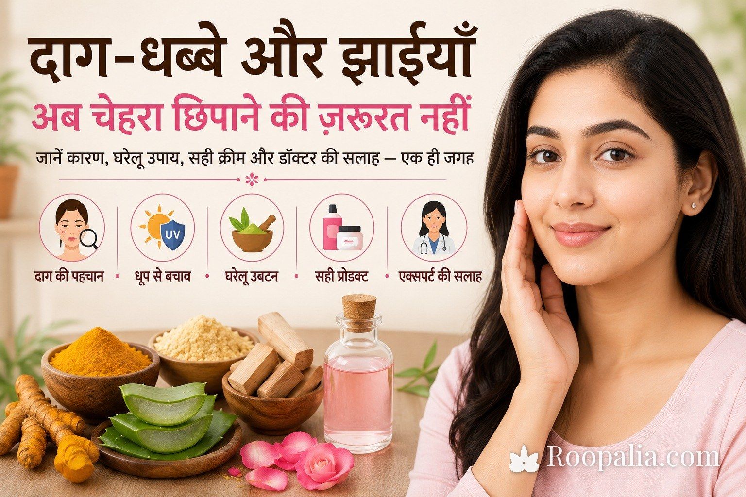 चेहरे के दाग-धब्बे और झाइयाँ हटाने के घरेलू उपाय — साफ़ त्वचा वाली भारतीय महिला के साथ हल्दी, चंदन और एलोवेरा (Roopalia)