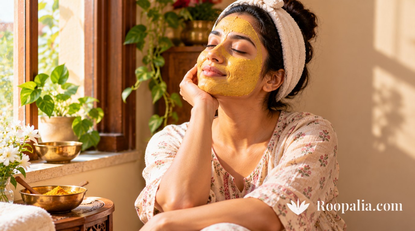 A woman with a white headband and a thin yellow ubtan mask on her face, eyes closed and smiling, sitting by a sunny window &mdash; AI-generated image (Roopalia)
