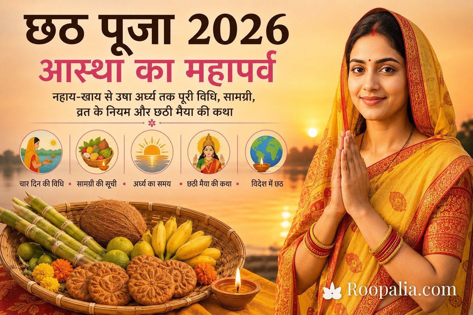 छठ पूजा 2026 — सूप में ठेकुआ, गन्ना, नारियल और फल के साथ अर्घ्य देती व्रती (Roopalia)