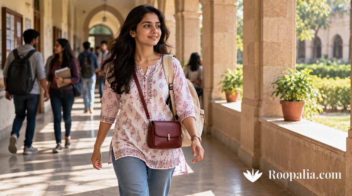 A young woman walking through a college corridor with a crossbody sling and a light canvas backpack, both hands free — AI-generated image (Roopalia)