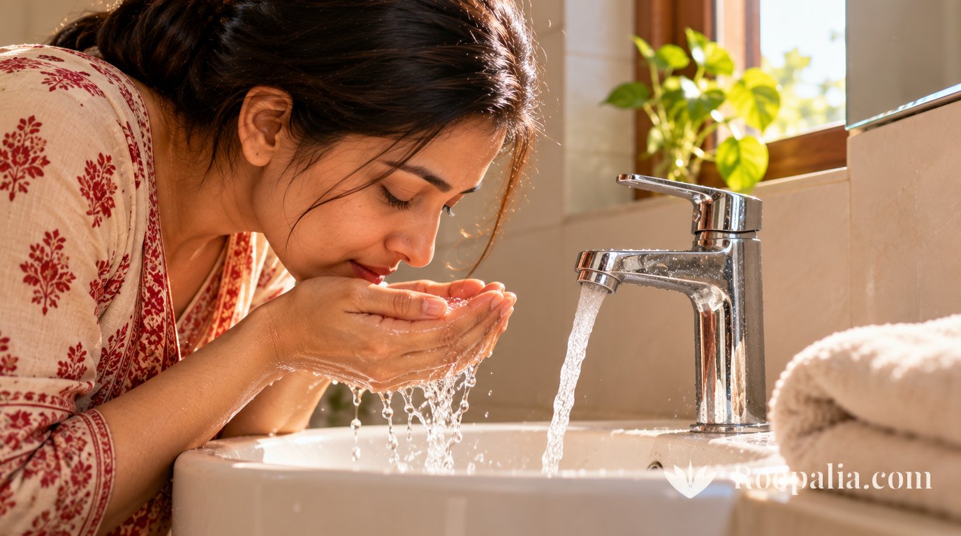 Hands cupping cool running water at a plain basin.