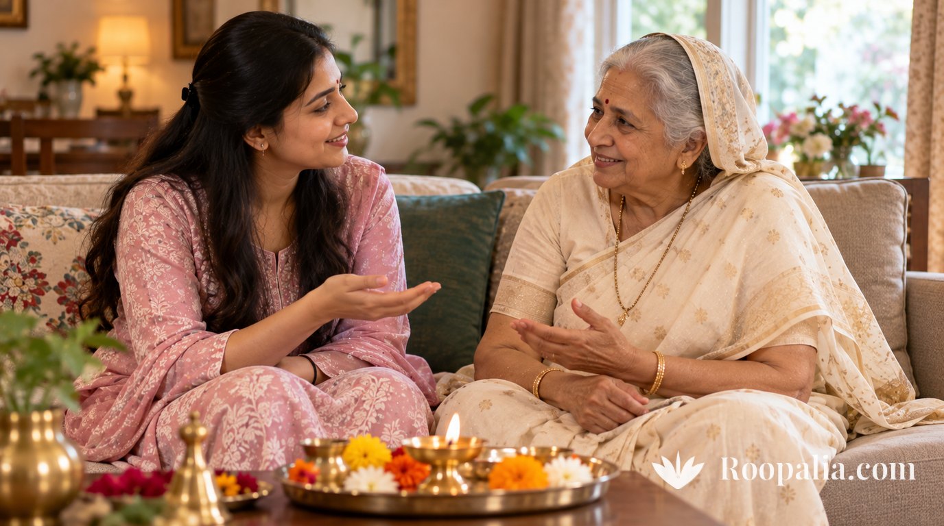 An Indian grandmother in a cream saree and her granddaughter in a pink kurta talk warmly on a sofa, a brass puja plate with a lamp and flowers on the table in front of them — AI-generated image (Roopalia)