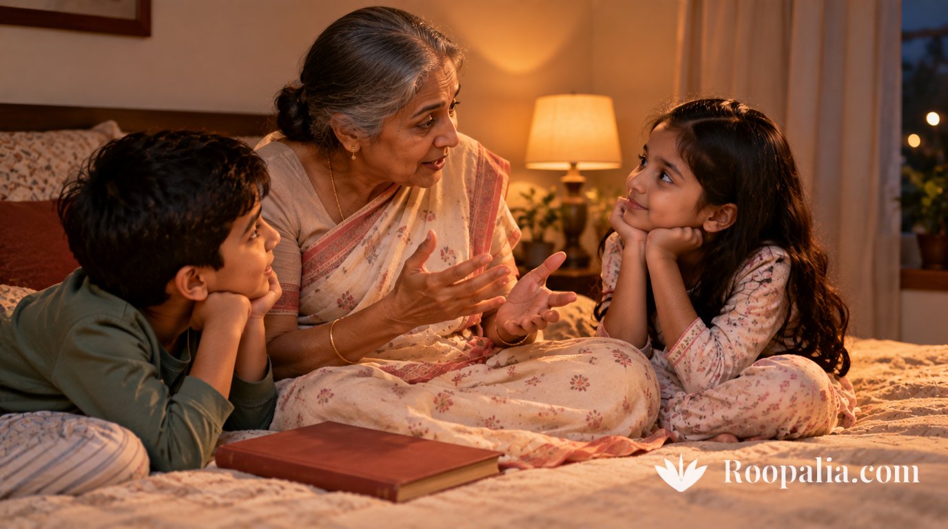 A grandmother sitting on a bed in soft evening light, telling a story with her hands, a six-year-old and a nine-year-old on either side of her listening with their chins in their palms — AI-generated image (Roopalia)