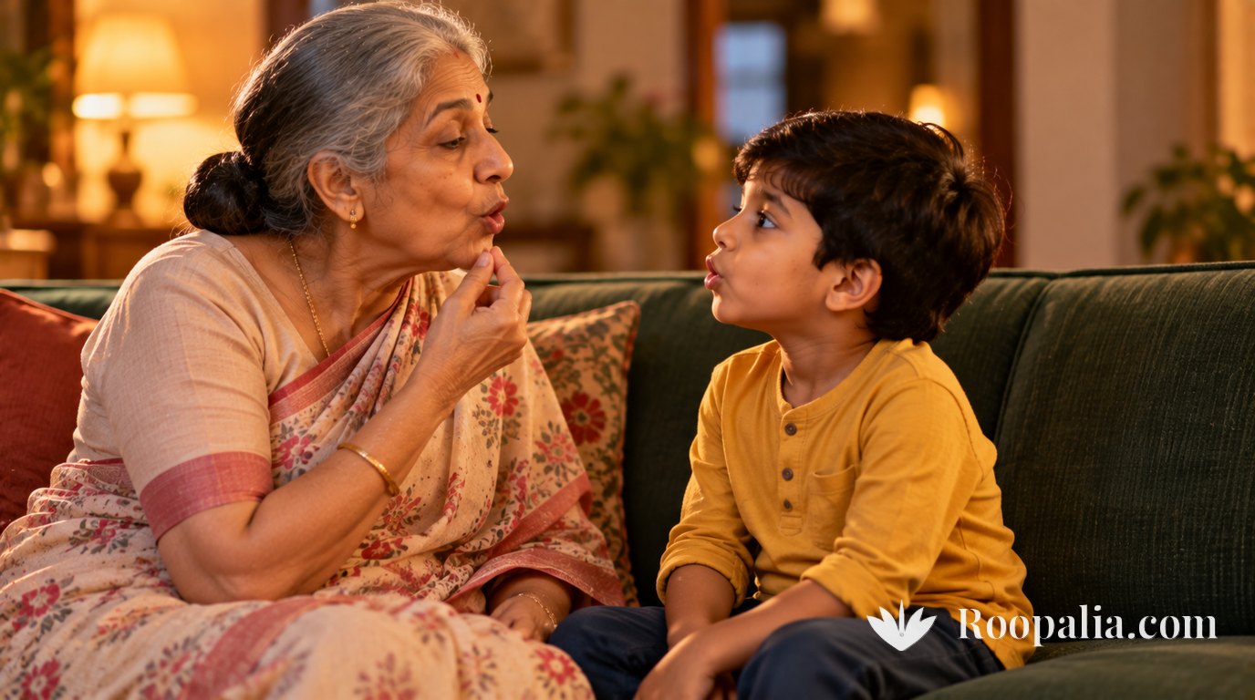 An Indian grandmother and her five-year-old grandson sitting face to face on a sofa, she is making a sound with her hand raised near her mouth and he is watching her lips and repeating it — AI-generated image (Roopalia)