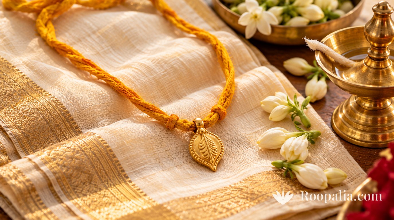 A leaf-shaped gold pendant strung on a thick turmeric-yellow cord, with jasmine buds and a brass oil lamp beside it.