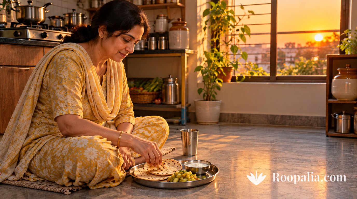 ढलते सूरज की सुनहरी रोशनी में रसोई के फ़र्श पर बैठी पीले सलवार-सूट में एक स्त्री स्टील की थाली से सादी रोटी, लौकी की सब्ज़ी और दही खाती हुई, खिड़की के बाहर डूबता सूरज — AI-निर्मित चित्र (Roopalia)