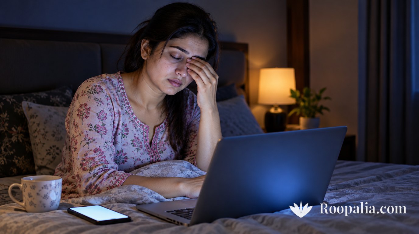A tired woman in bed late at night lit by a laptop’s blue glow, rubbing her eyes, a phone and a cup beside her &mdash; AI-generated image (Roopalia)