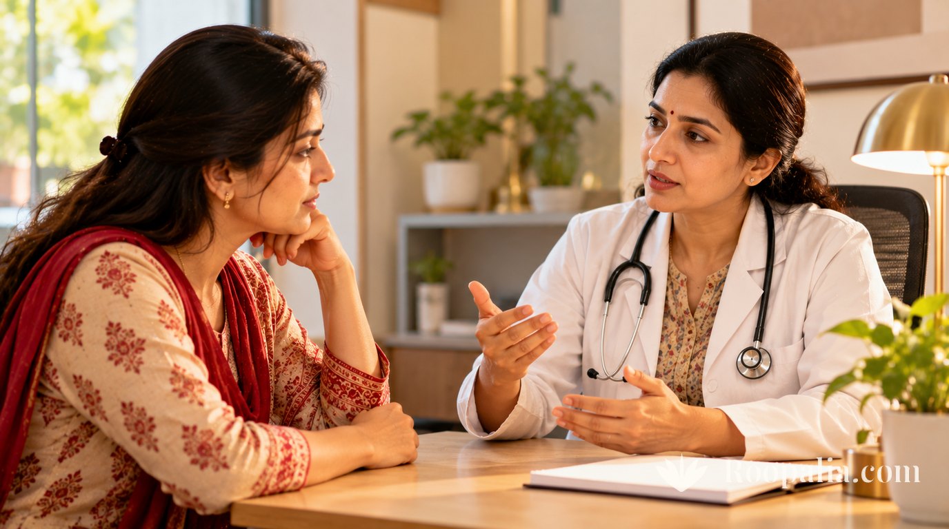 A woman consulting a dermatologist in a calm clinic room.
