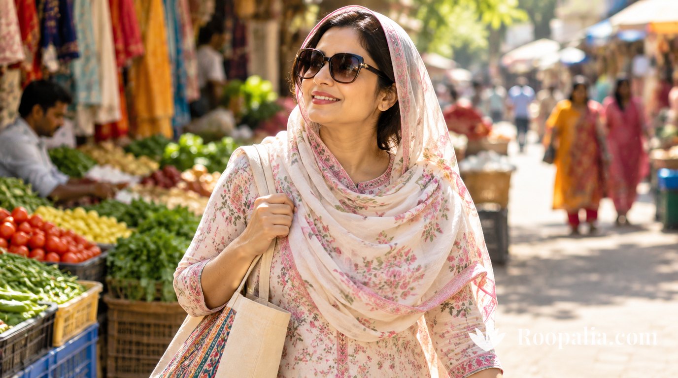 A smiling woman in large sunglasses with a light dupatta over her head walking through a sunny market &mdash; AI-generated image (Roopalia)
