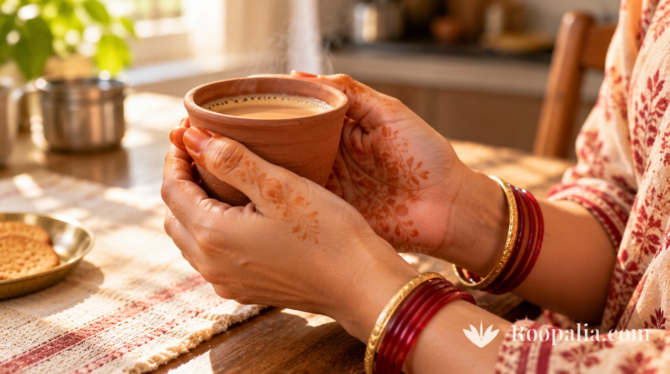 Hands holding a clay cup of tea, with faded henna still visible on the palms and red glass bangles at the wrist.