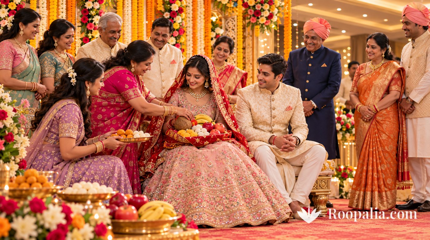 On a decorated stage, a bride in a pink lehenga and red gota-edged chunri has her lap filled with a coconut, bananas, apples and sweets by women of the groom’s family, while the groom sits beside her with a tilak on his forehead and both families stand around &mdash; AI-generated image (Roopalia)