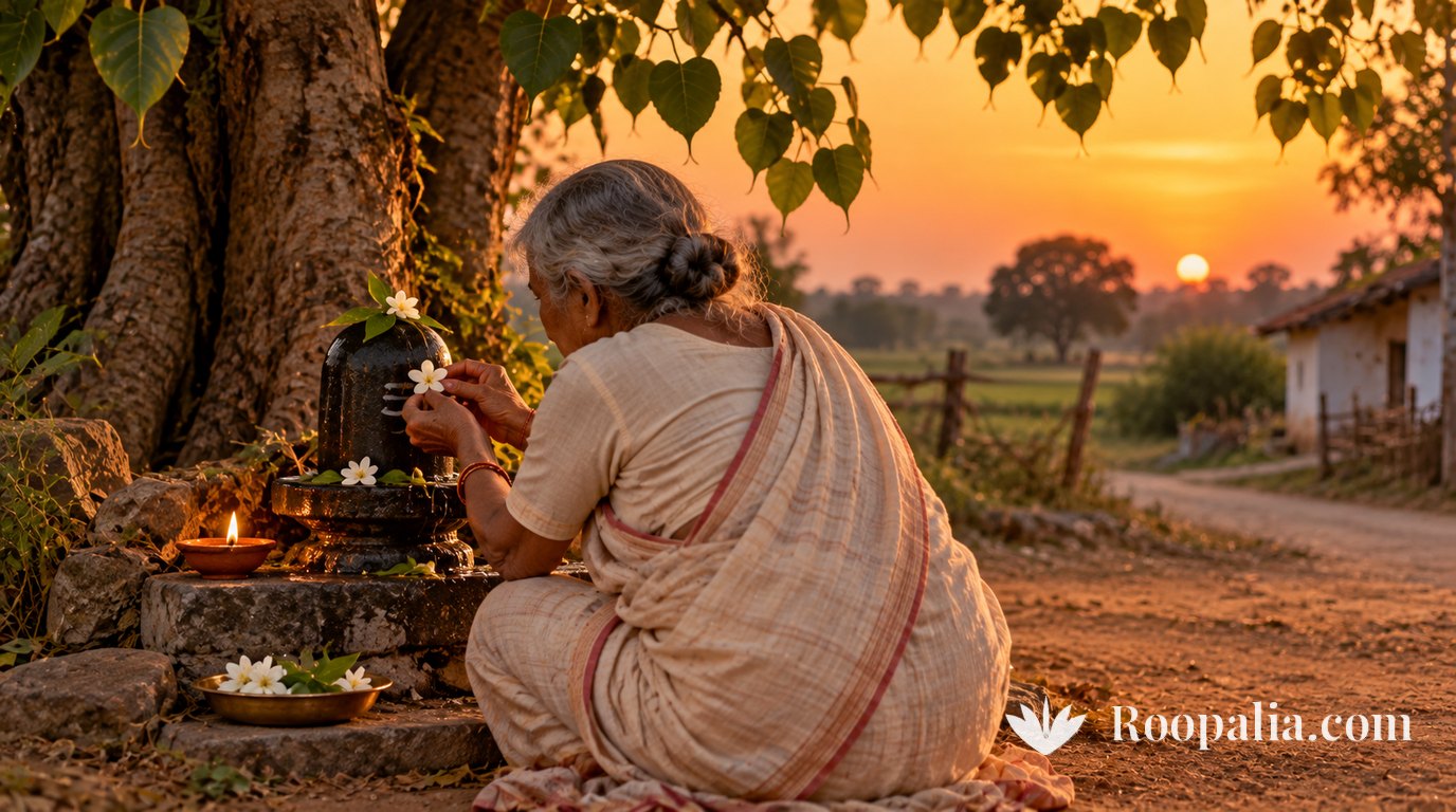 सूर्यास्त के समय गाँव के कच्चे रास्ते के किनारे पीपल के नीचे छोटे पत्थर के शिवलिंग पर एक सफ़ेद फूल चढ़ाती बुज़ुर्ग स्त्री, पीठ की ओर से, पास में मिट्टी का जलता दीया — AI-निर्मित चित्र (Roopalia)