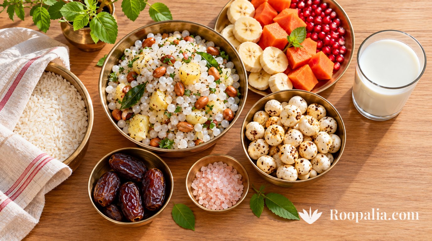 A bowl of uncooked rice half covered with a cloth and set aside, next to an Ekadashi fasting spread of sabudana khichdi, papaya, banana and pomegranate, roasted makhana, dates, rock salt and a glass of milk — AI-generated image (Roopalia)