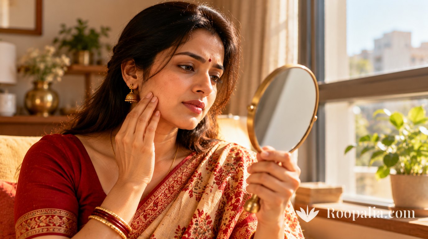 A woman examining one cheek in a small hand mirror in soft daylight.