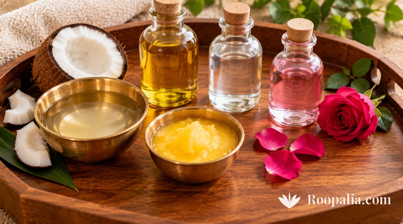 A wooden tray with brass bowls of coconut oil and ghee, glass bottles of mustard oil, glycerin and rose water, half a coconut and a rose &mdash; AI-generated image (Roopalia)
