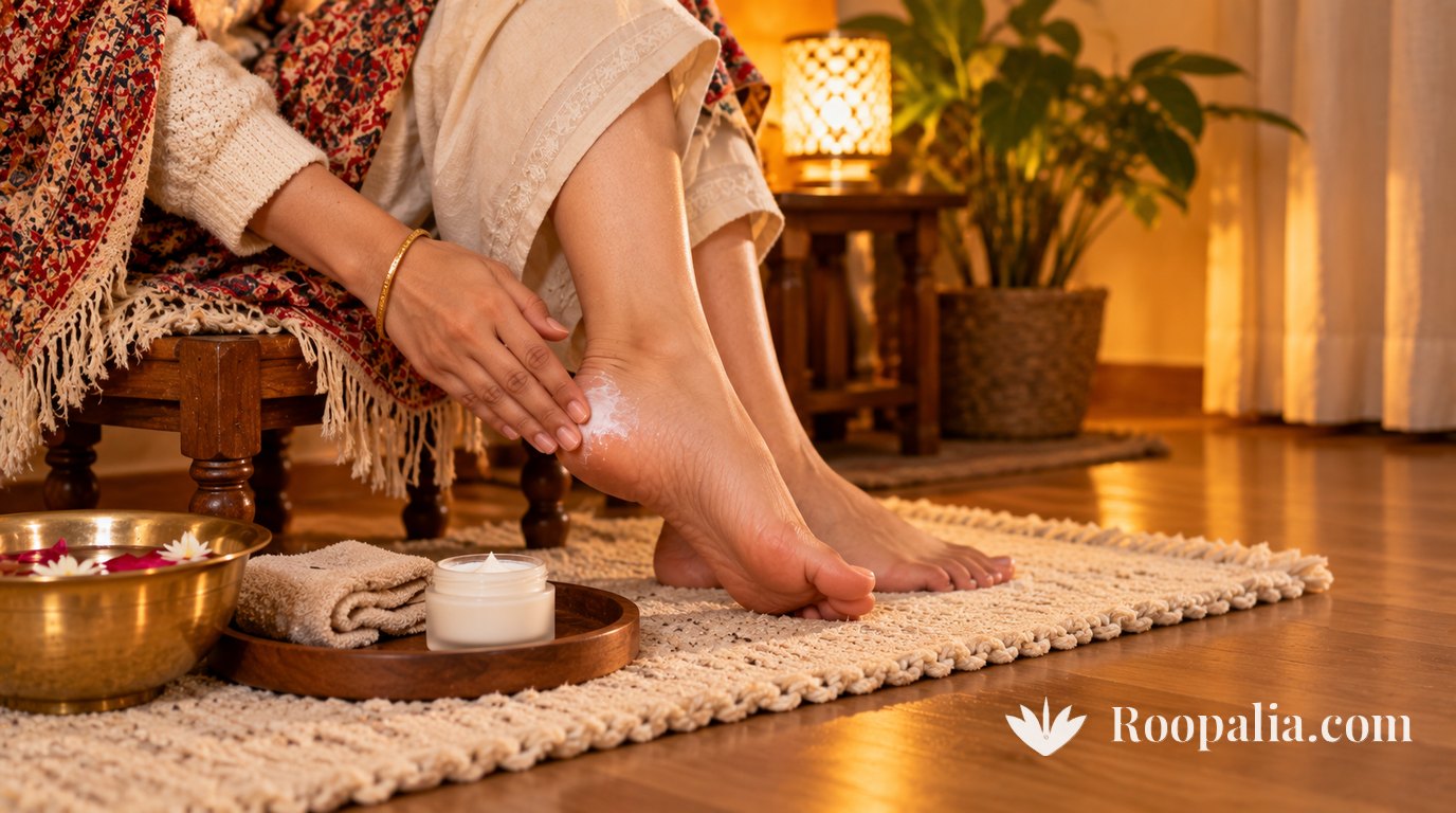 A woman in a warm shawl seated on a low stool, applying moisturising cream to her heel on a winter evening, a brass bowl and towel on the rug beside her &mdash; AI-generated image (Roopalia)