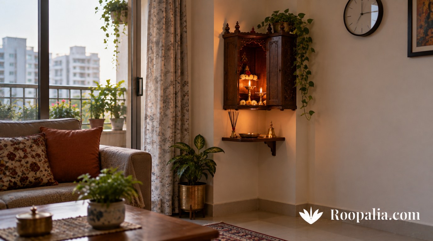 A slim wall-mounted wooden temple in the corner of a small city apartment, with a lamp and incense on the ledge below — AI-generated image (Roopalia)