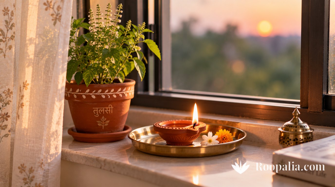 A clay diya burning steadily in a brass plate on an apartment windowsill, the window open a little and the curtain pushed aside, with a small tulsi plant in a terracotta pot beside it and soft blurred evening light outside. AI-generated image (Roopalia)