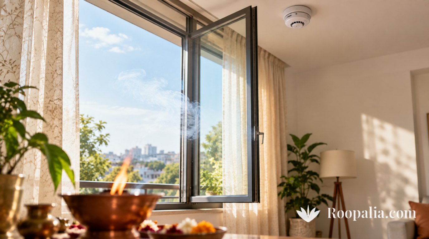 Thin smoke drifting out of an open apartment window in daylight, a plain white smoke detector on the ceiling above, and a small copper vessel with a low flame blurred in the foreground — AI-generated image (Roopalia)