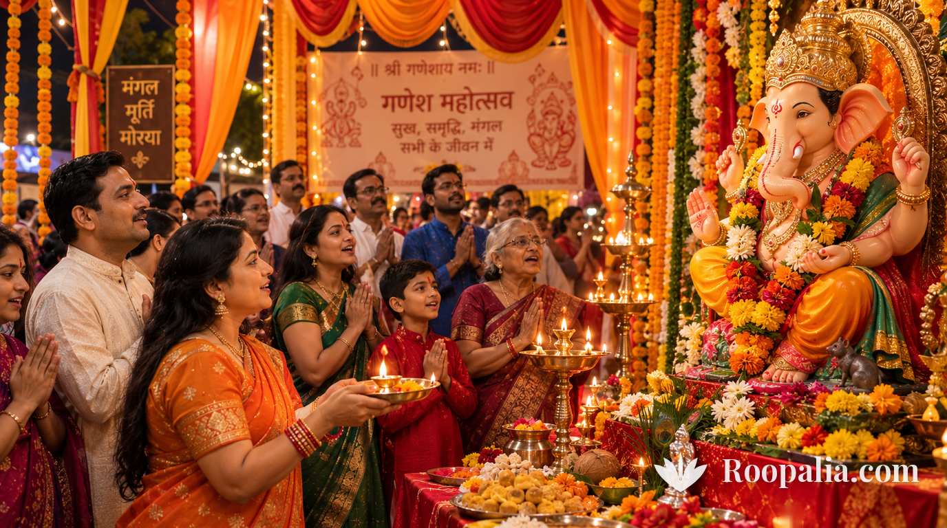 Devotees singing aarti before a large decorated Ganesha idol in a community pandal — AI-generated image (Roopalia)